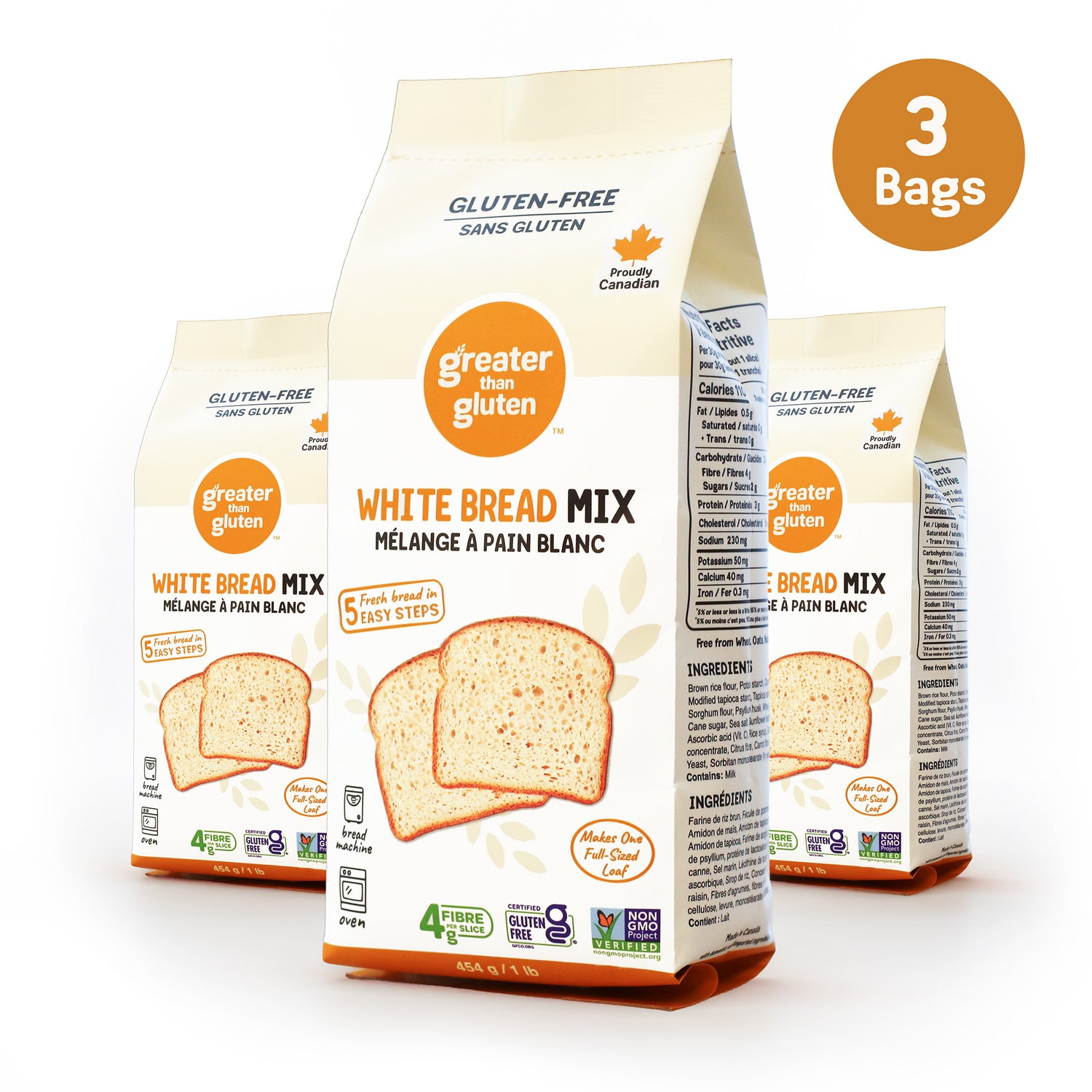Three packages of Greater Than Gluten White Bread Mix on a white background