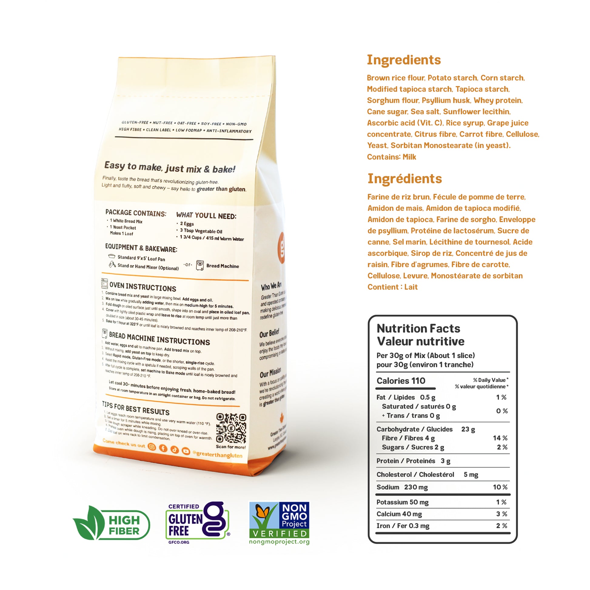 Back of a food packaging with ingredients, nutrition facts, and certification logos on a white background