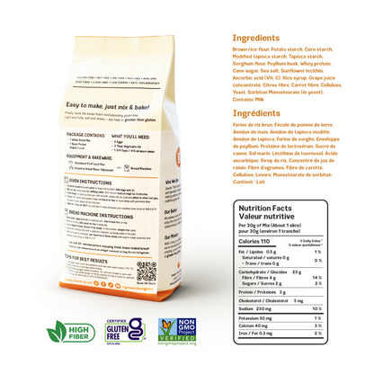 Back of a food packaging with ingredients, nutrition facts, and certification logos on a white background