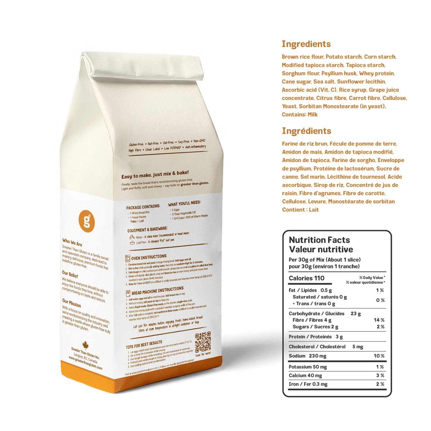 Gluten-free white bread mix bag back